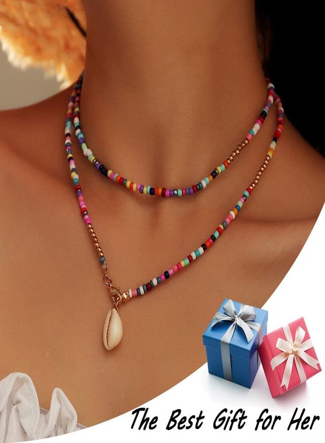 DreamAug Boho Beaded Choker Necklace with Cowrie Shell Pendant - Colorful Seed Bead Layered Beach Necklace for Women, Buckle - Image 3